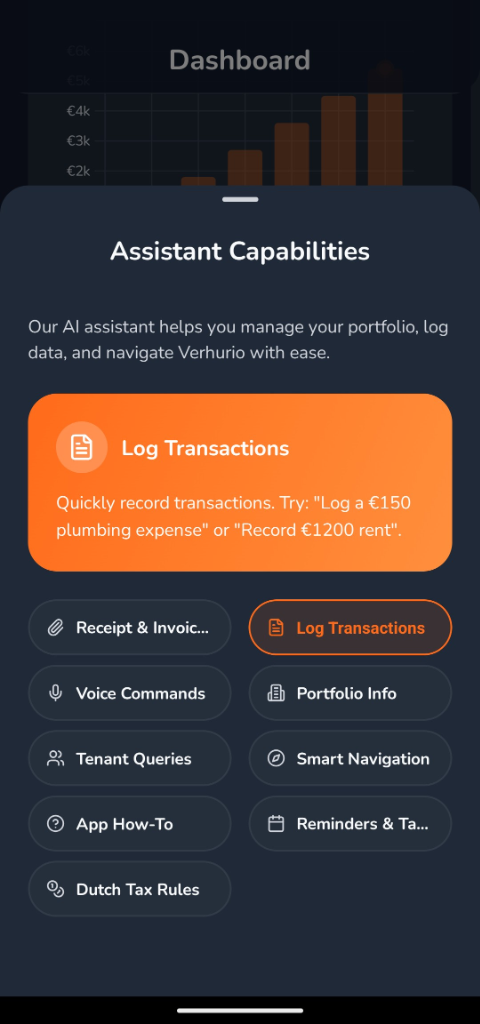 Verhurio Assistant App Screenshot (Dark)