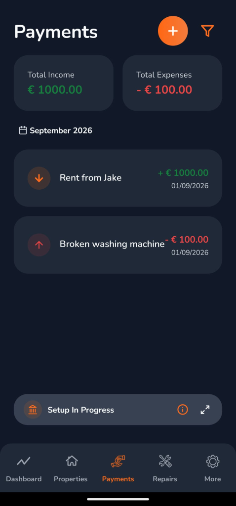 Finance & Payments App Screenshot (Dark)