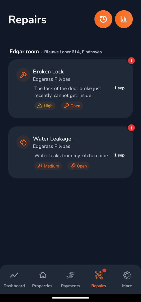 Maintenance Tracking App Screenshot (Dark)