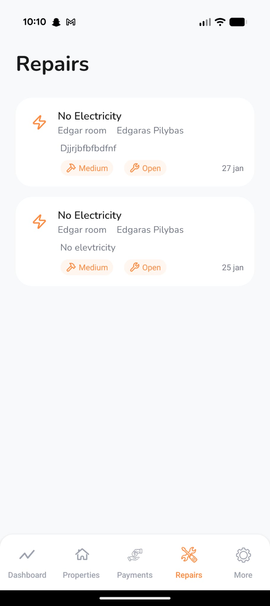 Maintenance Tracking App Screen